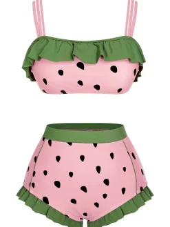 New Retro Stage [US Warehouse] Pink 1950s Strawberry Ruffle Strap Swimsuit