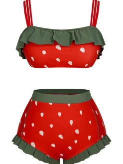 New Retro Stage [US Warehouse] Pink 1950s Strawberry Ruffle Strap Swimsuit