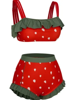 New Retro Stage [US Warehouse] Pink 1950s Strawberry Ruffle Strap Swimsuit