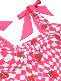 Discount Retro Stage [US Warehouse] 1960s Strawberry Plaid One-Piece Swimsuit Pink