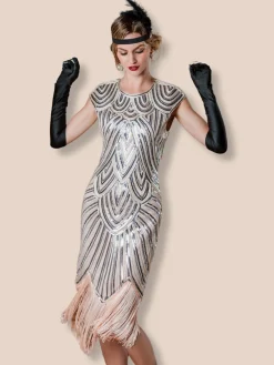 Discount Retro Stage [US Warehouse] Pink 1920s Tassel Gatsby Flapper Dress