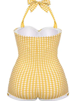 Best Retro Stage [US Warehouse] [Plus Size] Gingham 1950s Halter Bowknot One-piece Swimsuit