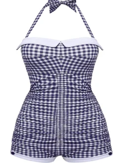 Best Retro Stage [US Warehouse] [Plus Size] Gingham 1950s Halter Bowknot One-piece Swimsuit