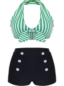Sale Retro Stage [US Warehouse] [Plus Size] 1950s Retro Halter Stripes Bikini Set Green