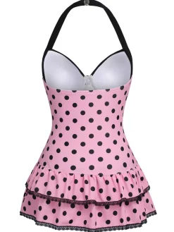New Retro Stage [US Warehouse] [Plus Size] Pink 1940s Polka Dots Hater Swimsuit