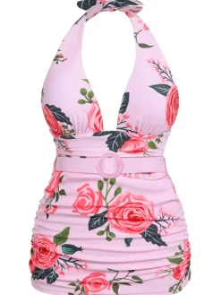 Outlet Retro Stage [US Warehouse] [Plus Size] 1930s Roses Halter Belt Swimsuit Pink
