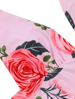 Outlet Retro Stage [US Warehouse] [Plus Size] 1930s Roses Halter Belt Swimsuit Pink