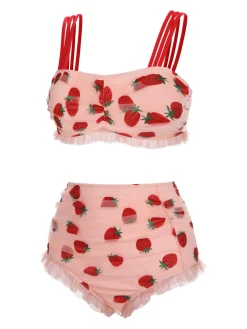 Best Retro Stage [US Warehouse] [Plus Size] 1950s Lace Strawberry Cami Tankini Set Pink