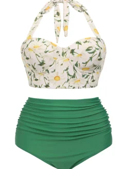 Outlet Retro Stage [US Warehouse] [Plus Size] 1950s Floral Halter Lace-up Bikini Set Green