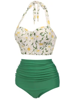 Outlet Retro Stage [US Warehouse] [Plus Size] 1950s Floral Halter Lace-up Bikini Set Green