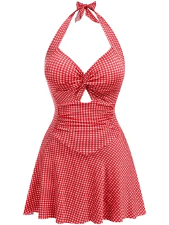 Online Retro Stage [US Warehouse] Purple 1930s Plaid Halter One-Piece Swimsuit