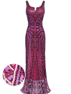 Sale Retro Stage [US Warehouse] 1920s Sequined Maxi Dress Purple