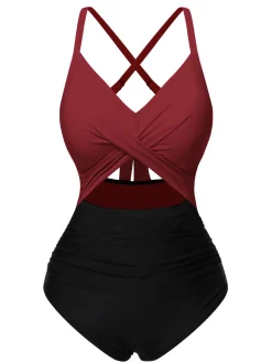 Best Retro Stage [US Warehouse] Red & Black 1940s Hollow Waist Patchwork Swimsuit