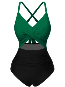 Best Retro Stage [US Warehouse] Red & Black 1940s Hollow Waist Patchwork Swimsuit