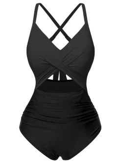 Best Retro Stage [US Warehouse] Red & Black 1940s Hollow Waist Patchwork Swimsuit