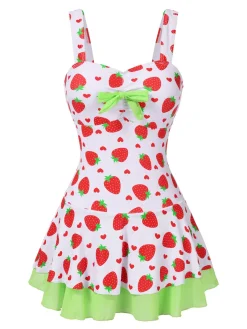 Fashion Retro Stage [US Warehouse] Red & Green 1940s Strawberry Bow Swim Dress Bright Green