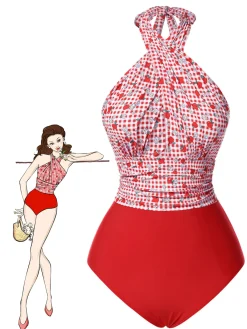 Best Retro Stage [US Warehouse] 1950s Apple Plaid Wrapped Swimsuit Red