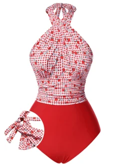 Best Retro Stage [US Warehouse] 1950s Apple Plaid Wrapped Swimsuit Red