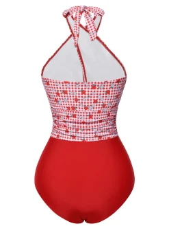 Best Retro Stage [US Warehouse] 1950s Apple Plaid Wrapped Swimsuit Red