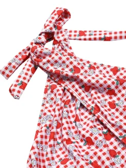 Best Retro Stage [US Warehouse] 1950s Apple Plaid Wrapped Swimsuit Red
