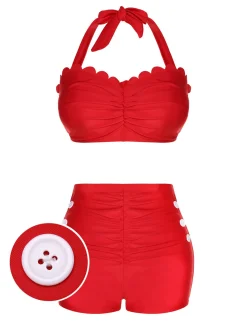 Clearance Retro Stage [US Warehouse] 1950s Button Ruffles Halter Swimsuit Red