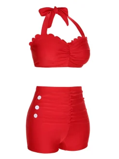 Clearance Retro Stage [US Warehouse] 1950s Button Ruffles Halter Swimsuit Red