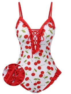 Hot Retro Stage [US Warehouse] 1950s Cherry Lace-Up Ruffled Swimsuit Red