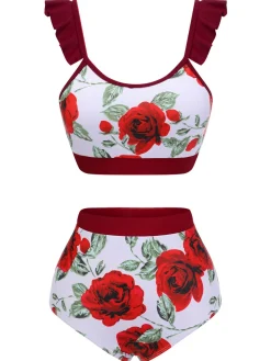 Best Retro Stage [US Warehouse] 1940s Floral Ruffles Swimsuit Red