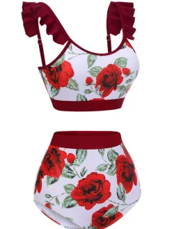 Best Retro Stage [US Warehouse] 1940s Floral Ruffles Swimsuit Red