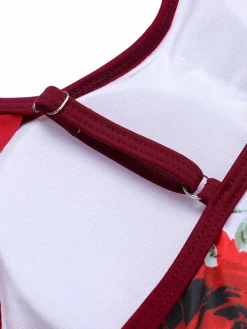 Best Retro Stage [US Warehouse] 1940s Floral Ruffles Swimsuit Red