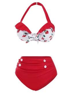 Best Retro Stage [US Warehouse] 1950s Halter Ruffle Cherry Bikini Set Red