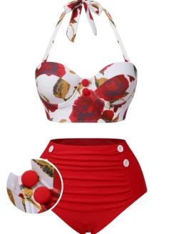 Outlet Retro Stage [US Warehouse] Red 1960s Halter Roses Swimsuit