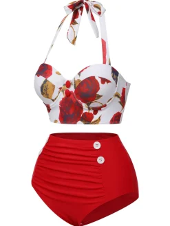 Outlet Retro Stage [US Warehouse] Red 1960s Halter Roses Swimsuit