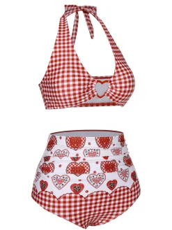 Sale Retro Stage [US Warehouse] 1950s Halter Heart Plaids Swimsuit Red