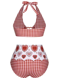 Sale Retro Stage [US Warehouse] 1950s Halter Heart Plaids Swimsuit Red