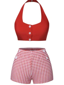 Online Retro Stage [US Warehouse] 1950s Halter Plaids Swimsuit Red