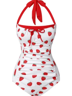 Clearance Retro Stage [US Warehouse] 1960s Halter Bow Strawberry One-Piece Swimsuit Red