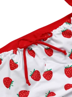 Clearance Retro Stage [US Warehouse] 1960s Halter Bow Strawberry One-Piece Swimsuit Red