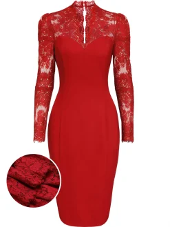 Clearance Retro Stage [US Warehouse] 1960s Lace Long Sleeves Patchwork Dress Red