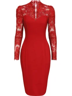 Clearance Retro Stage [US Warehouse] 1960s Lace Long Sleeves Patchwork Dress Red