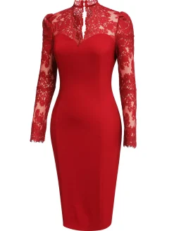 Clearance Retro Stage [US Warehouse] 1960s Lace Long Sleeves Patchwork Dress Red