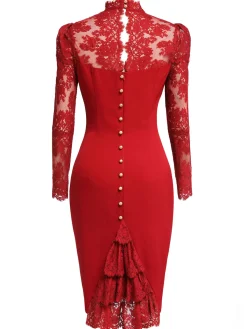 Clearance Retro Stage [US Warehouse] 1960s Lace Long Sleeves Patchwork Dress Red