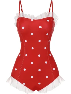 Online Retro Stage [US Warehouse] 1950s Mesh Polka Dot Swimsuit Red