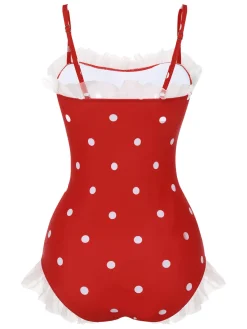 Online Retro Stage [US Warehouse] 1950s Mesh Polka Dot Swimsuit Red
