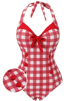 Best Retro Stage [US Warehouse] 1950s Plaids Added Bowknot Swimsuit Red
