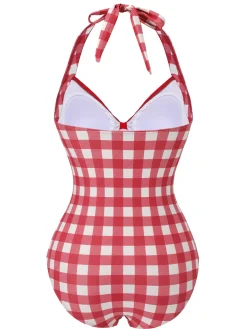 Best Retro Stage [US Warehouse] 1950s Plaids Added Bowknot Swimsuit Red