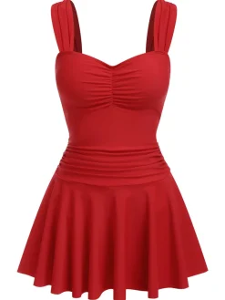 New Retro Stage [US Warehouse] 1950s Pleated Solid One-Piece Swimsuit Red