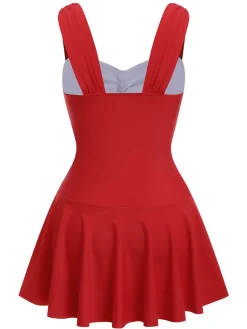 New Retro Stage [US Warehouse] 1950s Pleated Solid One-Piece Swimsuit Red