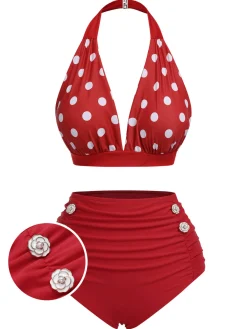 Outlet Retro Stage [US Warehouse] Red 1950s Polka Dot Halter Separate Swimsuit