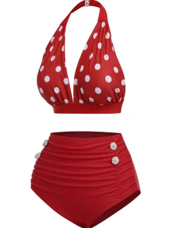 Outlet Retro Stage [US Warehouse] Red 1950s Polka Dot Halter Separate Swimsuit